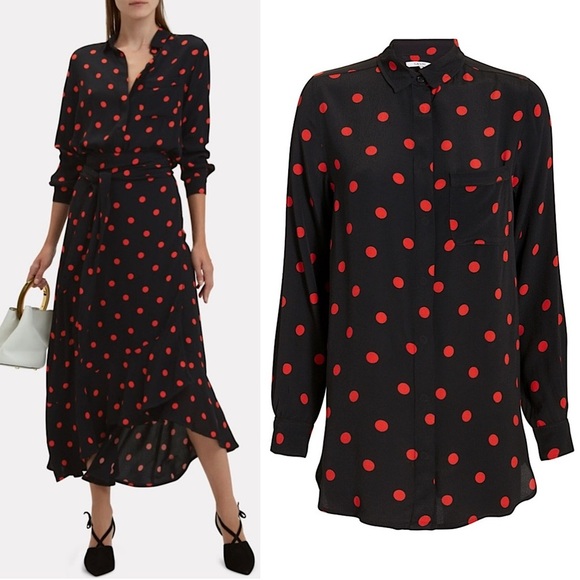 GANNI Polka Dot Crepe Long Sleeve Button Up Relaxed Fit Collared Tunic Shirt 6 - Picture 2 of 10